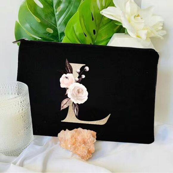 New Black Zipper Pouch with Floral Initial Detail - Multiple Available - Picture 1 of 15